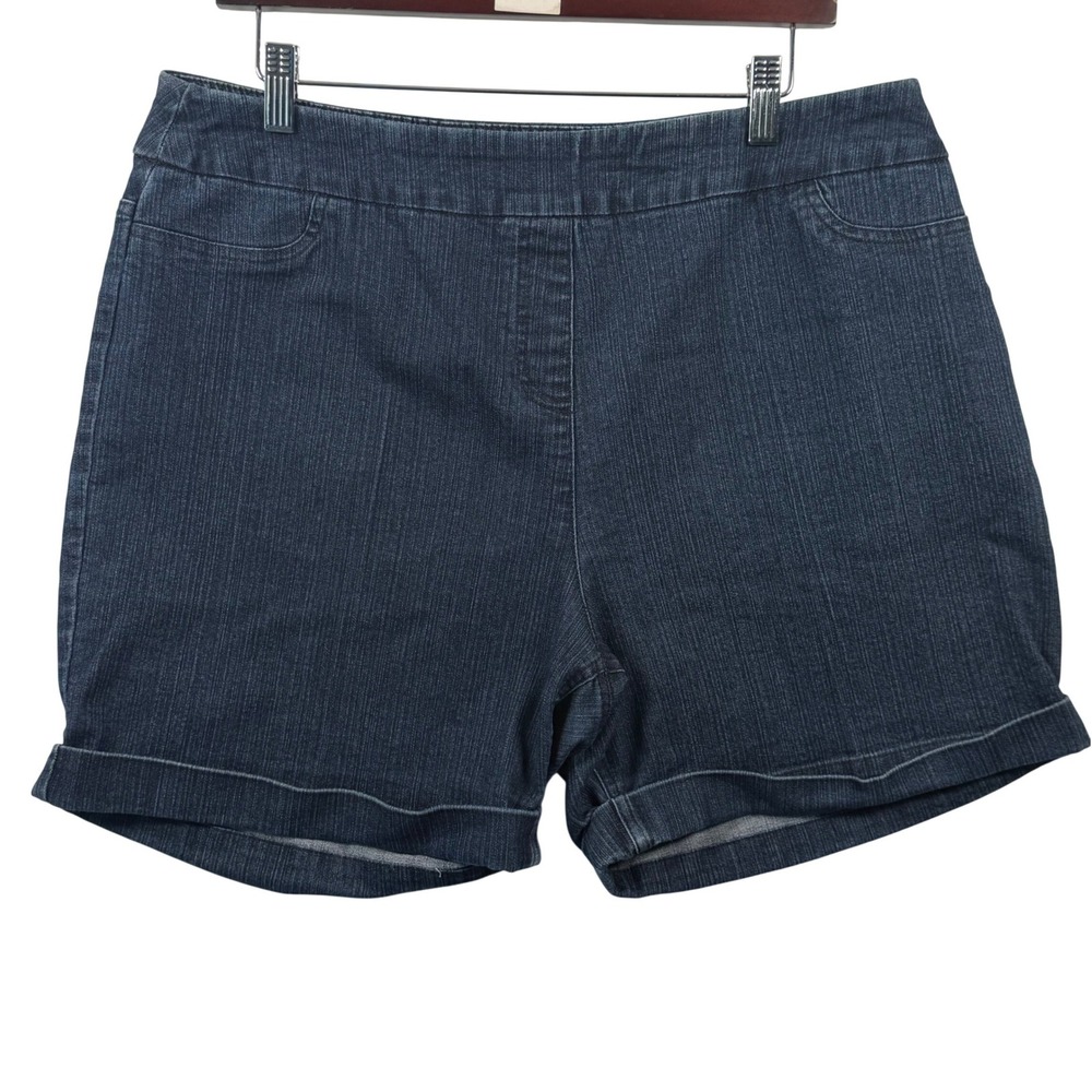 Soft Surroundings L Denim Shorts Dark Blue Pull On Cuff Stretch Travel Slimming